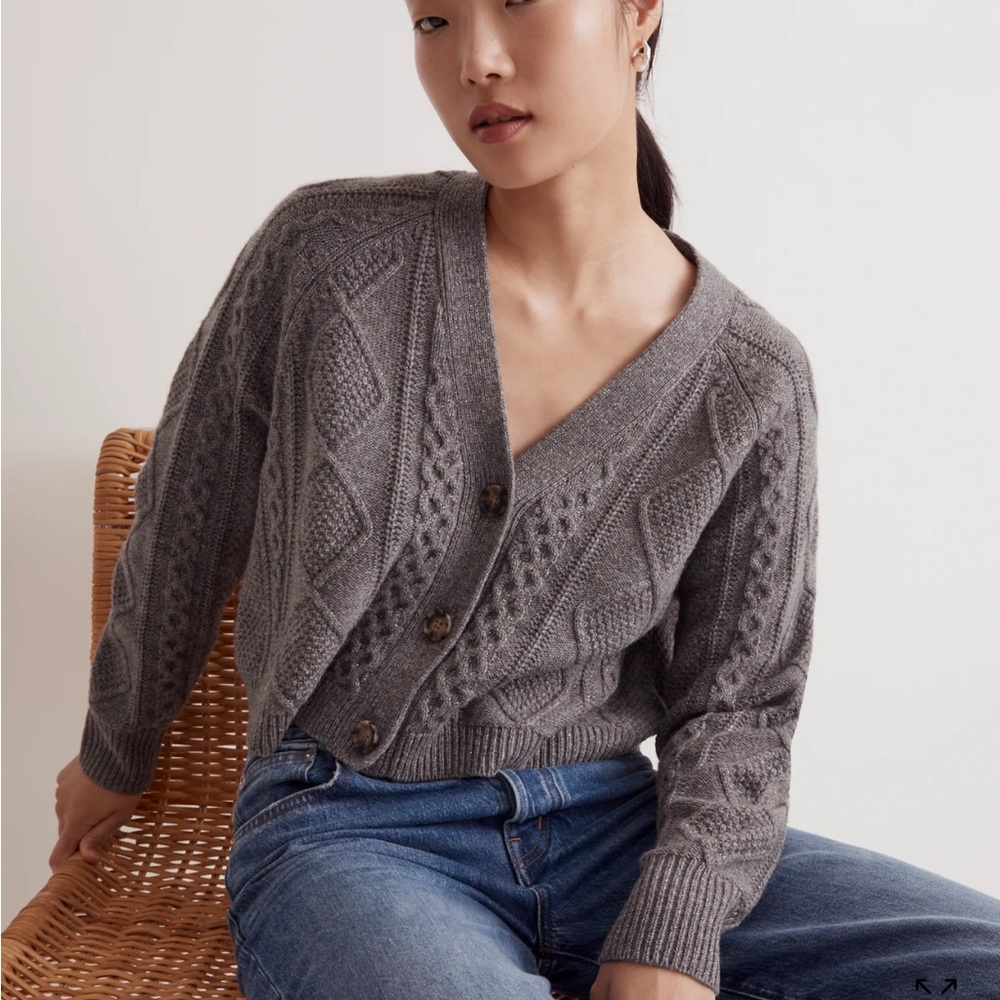 Madewell Gray Cable Knit Cropped Cardigan